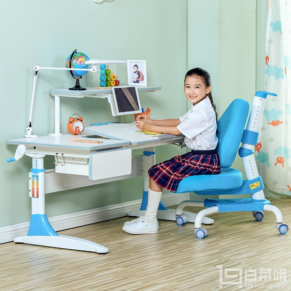 心家宜 手摇机械升降儿童学习桌椅套装M114+M207R+M623 两色 带多功能读书架